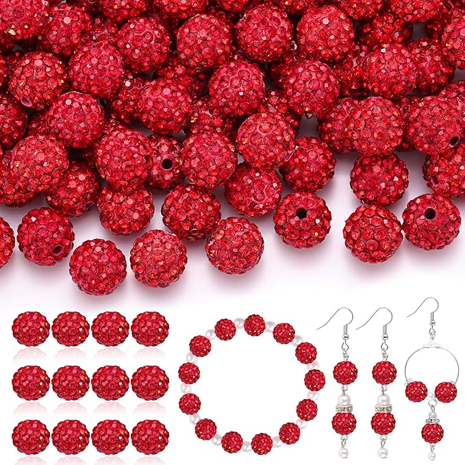 200 pcs red rhinestone beads for jewelry making, sparkle crystal clay christmas for bracelet baseball necklace earring crafting and diy, shiny round shamballa disco ball beads bulk