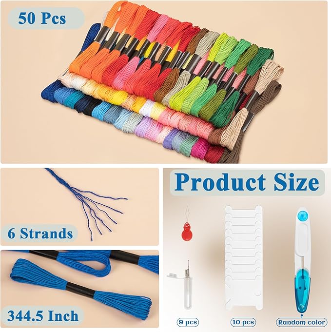 Friendship Bracelet String, 50 Skeins Cross Stitch Thread, 344.5 Inch Cotton Embroidery Floss, Hand Embroidery Thread Tools are Ideal for DIY Sewing and Embroidery Crafts Making
