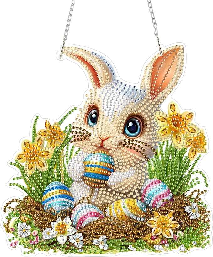 KEYIFA Rabbit Hanging Diamond Art Painting Kits for Adults and Kids Age 8-12, 5D Special Shape Diamond Dots Kit Easter Egg Crystal Gem Painting Art Crafts for Window, Wall, Door, Garden Decor
