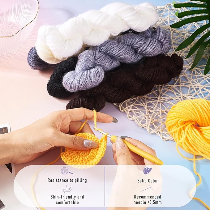 Cheriswelry 6 Skeins Black White Grey Acrylic Fiber Yarn Craft Sewing Cord Threads for Weaving Soft String for Knitting 2.2mm Skeins Yarn kit for Crochet Beginners Adults