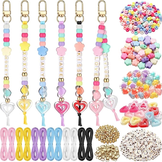 Landical 564 Pcs DIY Bead Keychain Kit Key Chain Making Craft Adjustable Letter Beads String Mama Sport Gift Alphabet Jewelry Backpack Accessories Holiday Party Favor (Flower,Clear Color)