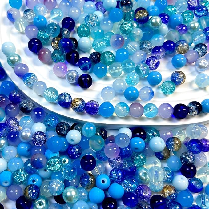 300pcs 8mm Glass Beads, 24 Colors Assorted Glass Beads for Jewelry Making, Blue Series Round Spacer Bead Kit for Bracelet Necklace DIY Craft