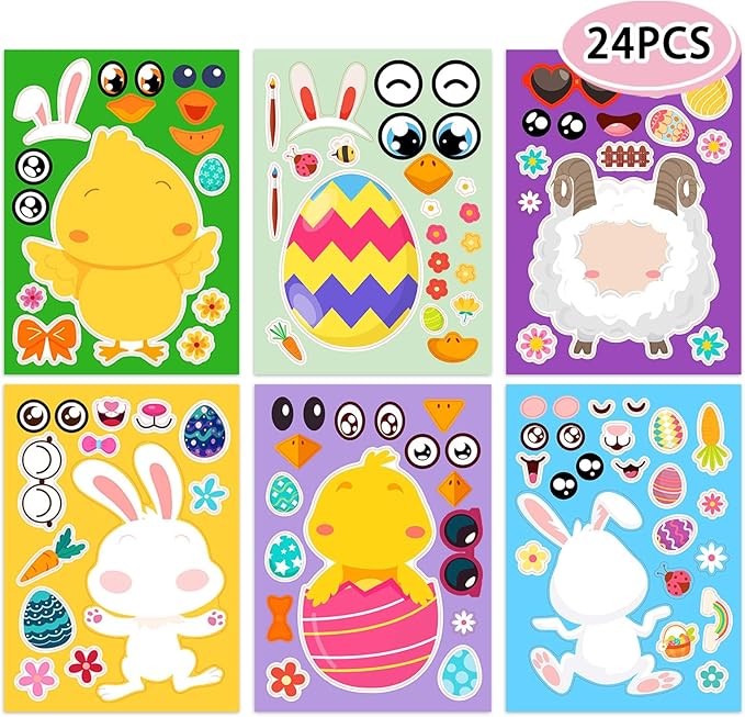 24 sheets easter make a face stickers for kids, easter basket stuffers goodie treat bag fillers activities party favor supplies crafts