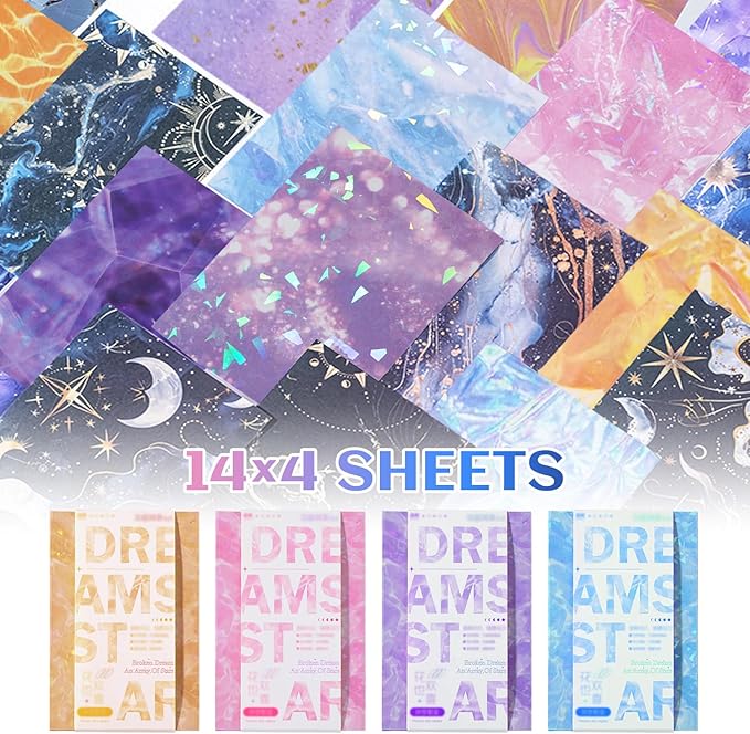 56PCS Holographic Sticker Paper Transparent Waterproof Self Adhesive Film PET Glitter Paper Scrapbooking Stickers for Junk Journal Supplies Card Making Album Collage Planner Gift Wrapping Decor
