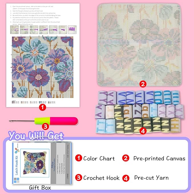 LAPATAIN Latch Hook Kits for DIY Throw Pillow Cover,Purple Flowers Pattern Needlework Cushion Cover Hand Craft Crochet for Great Family 17x17inch