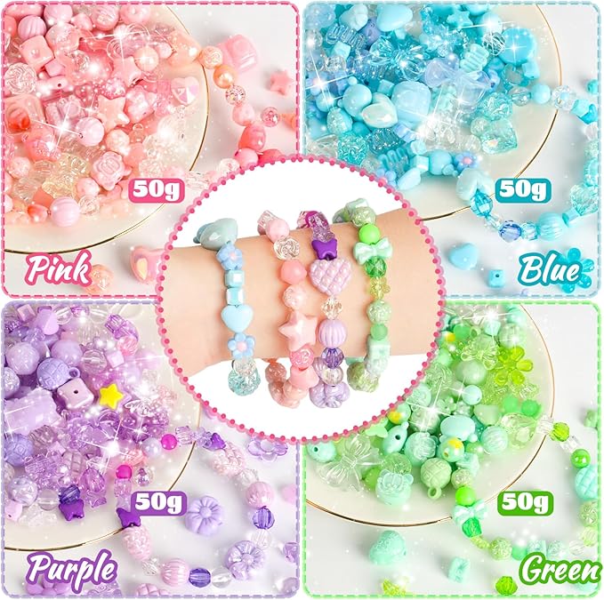 RYKOMO 450-550PCS Assorted Acrylic Beads for Bracelet Making Kit, with Bell, String, Key Rings, Clips in 4 Colors Flowers Hearts Bows Bears Candy Kawaii Cute Beads for DIY Keychain Jewelry Making