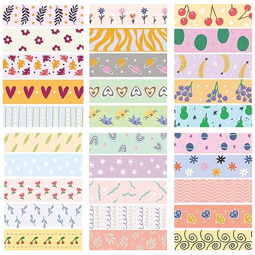 YUBX Basic Washi Tape Set 30 Rolls Cute Patterns Decorative Skinny Slim Masking Tapes for Arts, DIY Crafts, Journals, Planners, Scrapbook, Wrapping (Sweety Two)