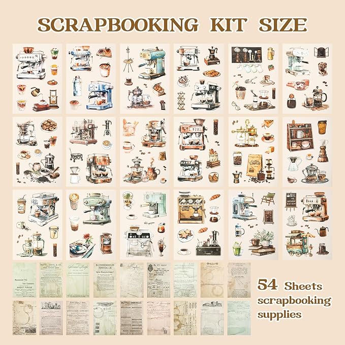 RISYPISY 54 Sheet Scrapbooks Supplies Kit, Precut PET/Washi Stickers, Coffee Sticker for Junk Journal Adult Planner DIY Crafts Decorative Paper for Scrapbooking