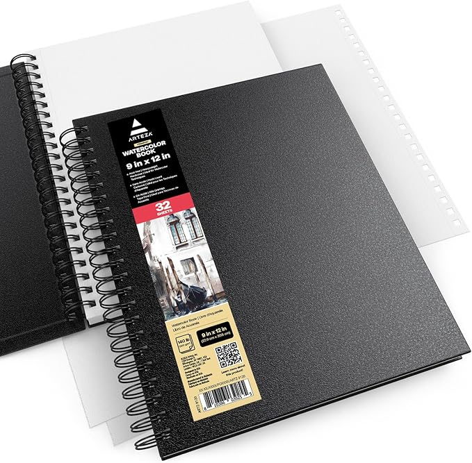 ARTEZA Watercolor Sketchbook 2-Pack, 64 Pages Each, 9x12 Inches – Spiral-Bound, 140 lb Cold Press Paper, Black Hardcover for Watercolor & Mixed Media