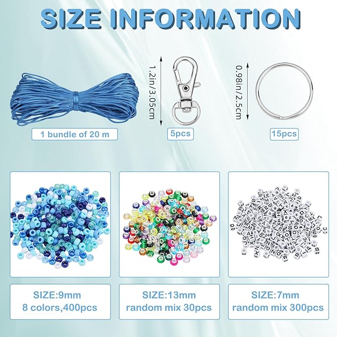 BEEFLYING 750 Pcs DIY Bead Keychain Kit Key Chain Making Crafts Letter Beads Strings Adjustable Alphabet Key Ring Jewelry Backpack Accessories Holiday Party Festival Favor Gift (Blue)