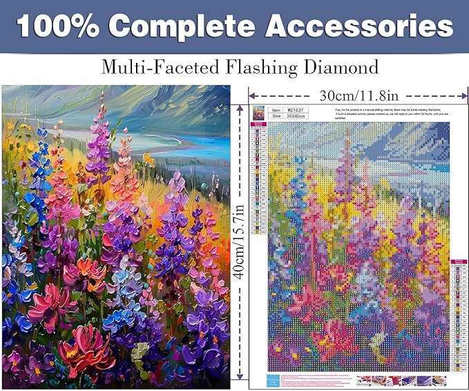 ijbnhd Wild Flowers Diamond Art Kits for Adults, Wild Flowers Diamond Painting Kits for Adults, DIY Full Drill Gem Art Crystal Rhinestone for Wall Home Decor 12X16inch