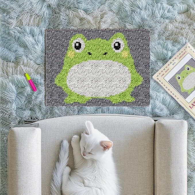 ORIGACH Frog Latch Hook Rug Kit for Adults DIY Needlework Cover Printed Rug Making Kit Handmade Carpet Tapestry with Hook Latch and Preprinted Canvas, Home Arts Crafts Sofa Decor, 20.5x15inch