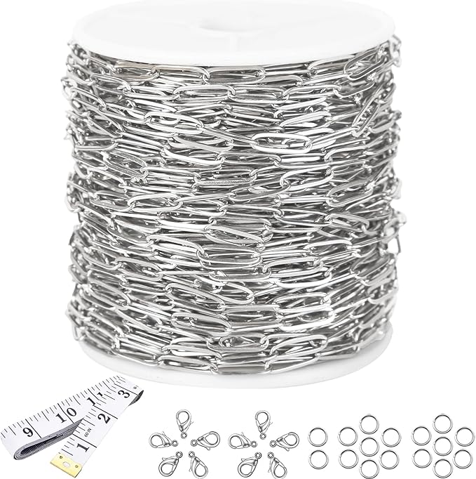 16 Ft Stainless Steel Paperclip Chain for Jewelry Making, 3.5mm Width Silver Paper Clip Link Chains Roll for DIY Necklace Bracelet Craft Jewelry Making Supplies with Lobster Clasps Soft Tape Measure