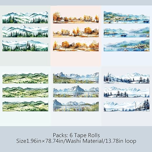 Kesari 6 Rolls of Nature Washi Tape Stickers for Journaling Supplies, Forest Themed Scrapbook Stickers for Scrapbooking, Junk Journal Supplies, Planer (Snowfall)