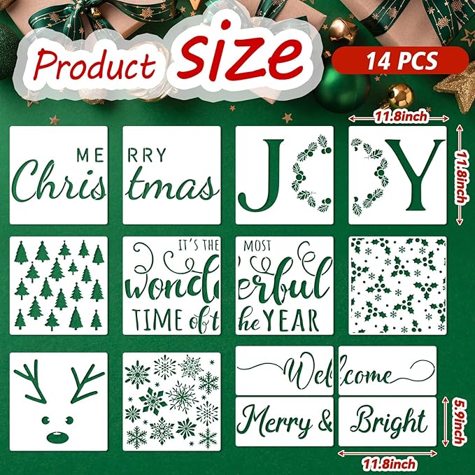 14 Pcs Christmas Stencils for Doormat Painting Welcome Merry Christmas Stencils Kit for DIY Craft Winter Xmas Decoration Reusable Polyester Film Template with Open Ring