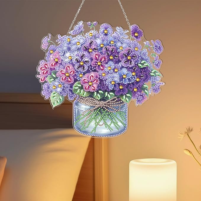DIY Hanging Diamond Art Kit for Adult – 5D Gem Art Window & Wall Pendant, Acrylic Diamond Painting Ornament for Home & Garden Decoration (Flower)