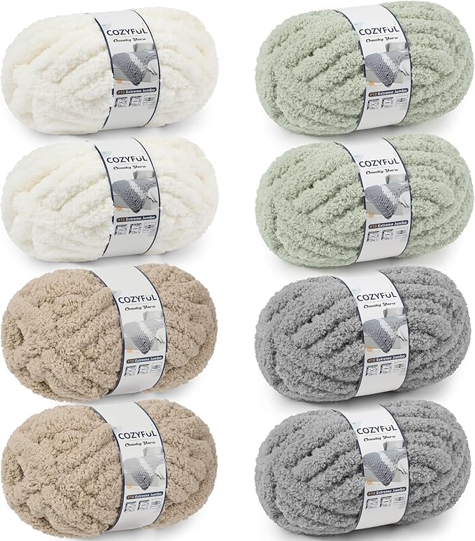 Chunky Yarn for Hand Knitting - #10 Chunky Chenille Yarn, Jumbo Big Thick Chunky Yarns for Crocheting, Super Bulky Chunky Knit Blanket Yarns, 8 Skein (25yd, 8oz/Skein), Cream&Sage&Khaki&Grey