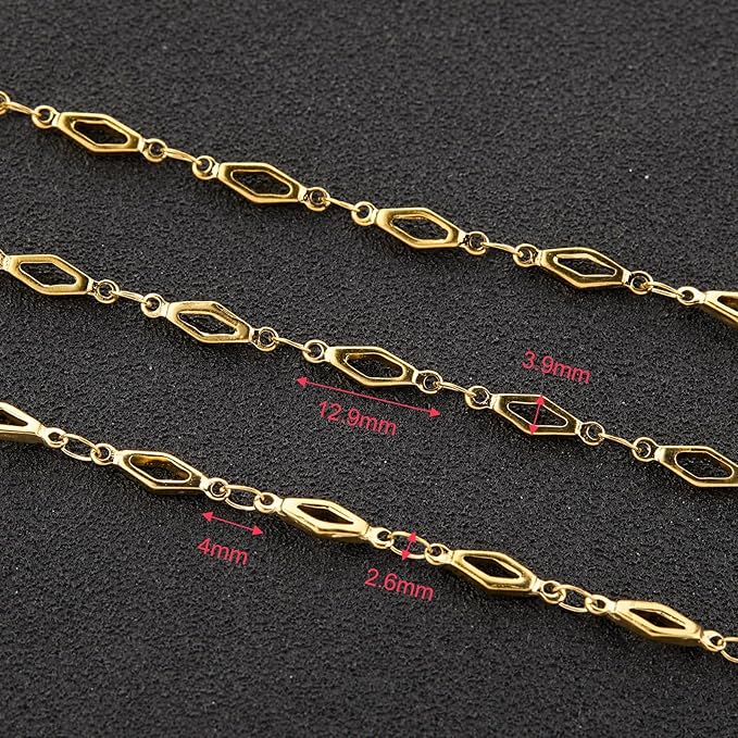 YOUBEIYEE 13 Feet Gold Plated Jewelry Making Chain Roll Stainless Steel Rhomboid Chain for Jewelry Making