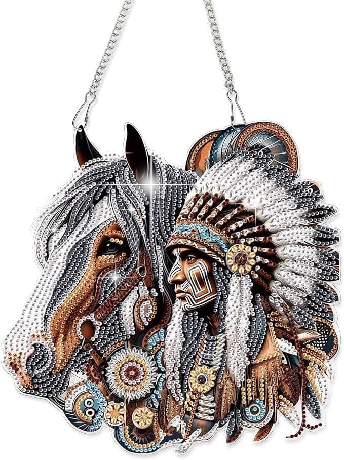 AiYuanzsh Diamond Art Suncatcher Hanging Kit Native American Horse Design, Special Shaped Diamond Painting Hanging Ornament for Adults DIY Wall Window Decoration