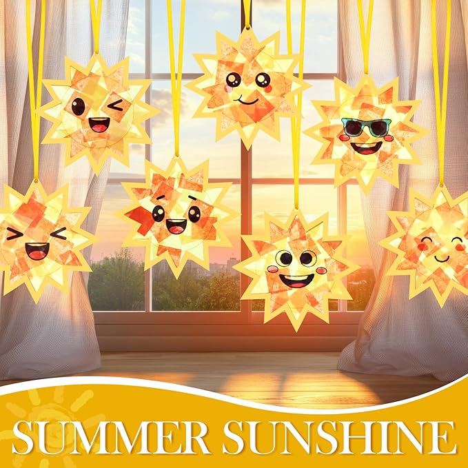 AmazingSpark 30 Pcs Sun Suncatchers Paper Craft Spring Sun Face DIY Stained Glass Effect Tissue Paper Kits Gift Bulk for Fall Autumn Activities Art Party Decor