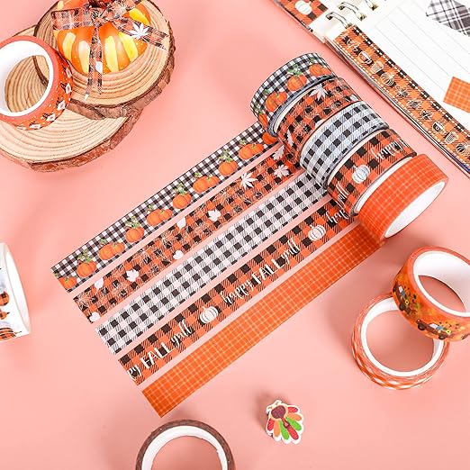 Whaline 12 Rolls Fall Plaid Washi Tapes Colorful Buffalo Plaid Autumn Pumpkin Truck Maple Leaves Gnome Pattern Masking Tape Decorative Tape for Fall Scrapbook Journal DIY Craft Gift Wrapping, 0.6Inch