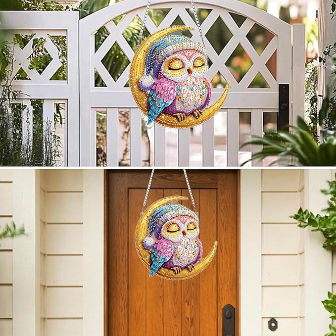 MXJSUA Moon Owl Diamond Art Hanging Kits for Adults Beginners, Crystal Diamond Suncatchers, Special Shape Diamond Painting Pendant Window Ornament Gifts for Home Garden Door Wall Decor