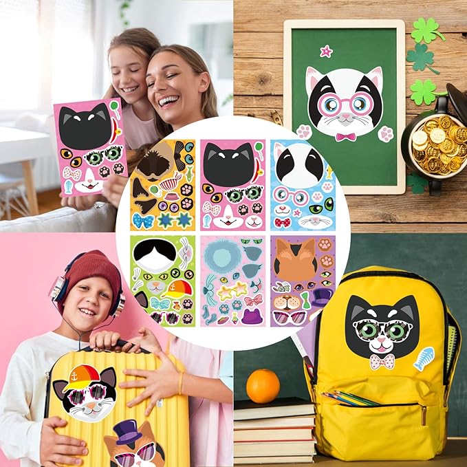 24 sheets cats make a face stickers make you own cats stickers animal sticker for kids, birthday gift party favors supplies teacher art craft, games school activity reward
