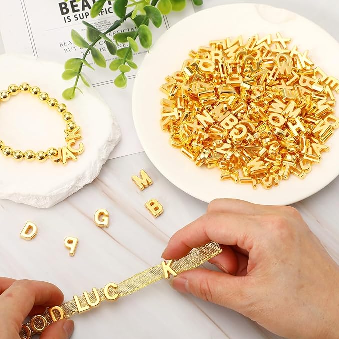 Augshy 700Pcs Gold Large Letter Beads,A-Z Mixed Big Alphabet Shape Beads for Jewelry Making Bracelets Necklaces Key Chains Shoelaces Crafts Party Decor(9 x 12 mm)