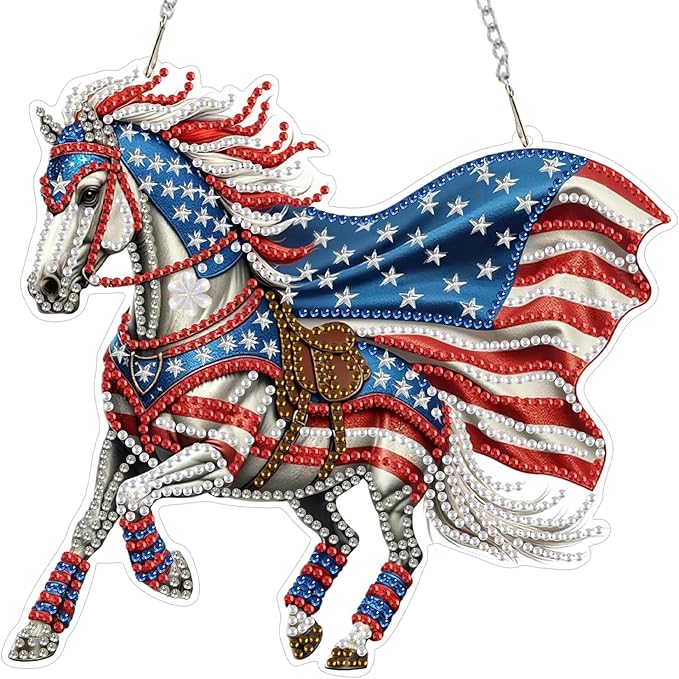 CEOVR 4th of July Hanging Diamond Art for Adults, American Flag Horse Diamond Painting Pendant DIY Gem Art Wall Hanging Ornament, Acrylic Home Garden Decor with Chain, Box Kit 7.78×7.14inch