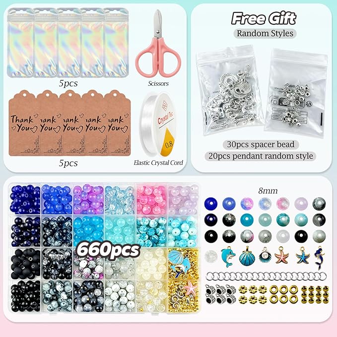 Queenme Beads Bracelet Making Kit: 660pcs 8mm Round Glass Beads 22 Colors with Bracelet Accessories and Elastic String for DIY Jewelry Making at Home for Women