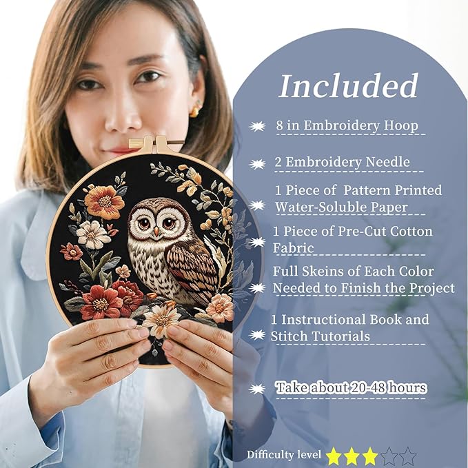 FONNUY Embroidery Kit for Beginners, Owl Flowers Pre-Stamped Pattern Kits for Adults with Hoop, Easy to Follow Color Thread Needlework, 8'' Hoop (Black)