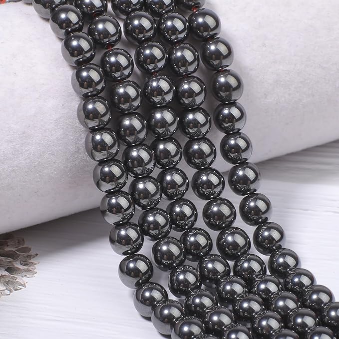 Stone Beads, 45pcs Black Hematite, 8mm Round Loose Beads for Jewelry Making, Bracelets, with Bag, String & Card