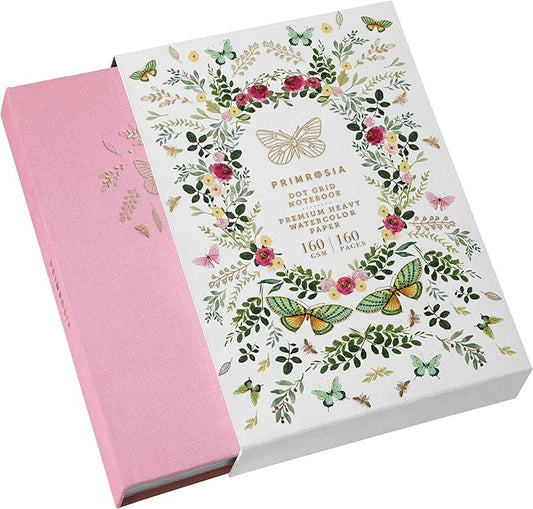 Primrosia A5 Dot Grid Watercolor Journal Notebook – 160 pages I 160gsm Premium Heavy Paper, No Bleed – Luxe Linen Hard Cover with Cute Deer Slip Cover (Pink Butterfly, 1)
