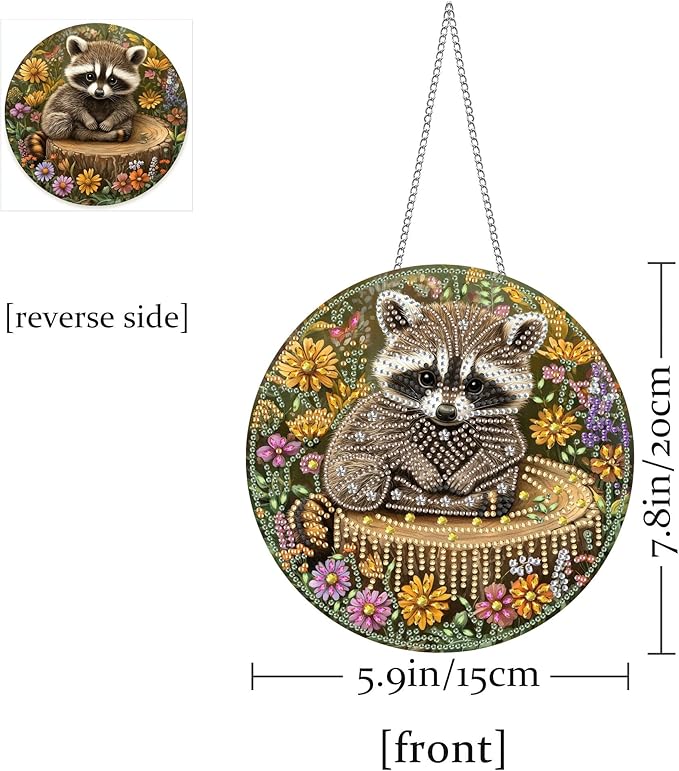 Pavemlo Hanging Diamond Art Kits for Adults Raccoon – 8x8 Inch Double-Sided Acrylic Board DIY Crystal Diamond Suncatcher Pendant, Sparkling Home Wall or Window Decoration Handmade Gift