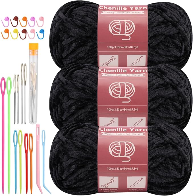 LUNARM Chenille Yarn for Crocheting Knitting, 3 Skein 263 Yard Thick Soft Chunky Fluffy Weaving Plush Yarn for Blankets Clothes Pattern Creations with Big Eye Needles (Black)