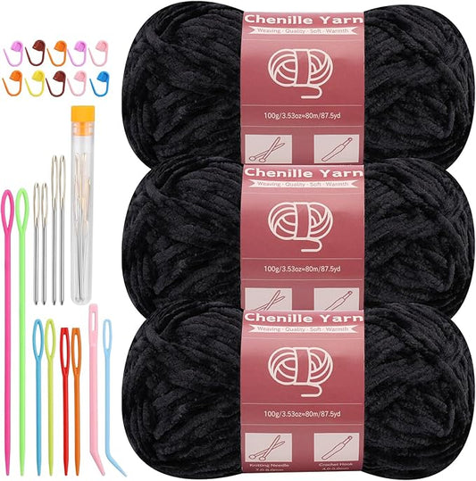 LUNARM Chenille Yarn for Crocheting Knitting, 3 Skein 263 Yard Thick Soft Chunky Fluffy Weaving Plush Yarn for Blankets Clothes Pattern Creations with Big Eye Needles (Black)