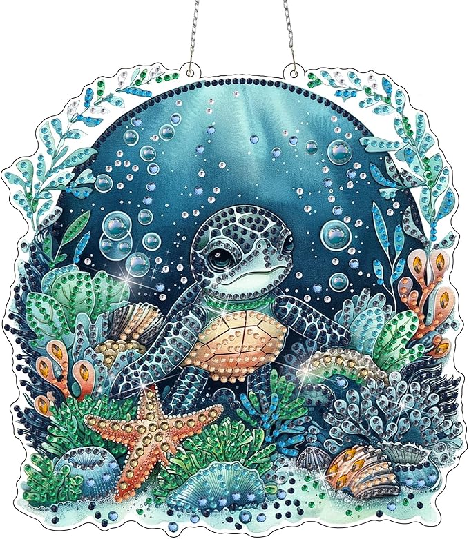 DOMROM Sea Turtle Diamond Art Hanging Kits for Adult Beginner, Special Shaped Crystal Diamond Painting Turtle Pendant, DIY Diamond Art Suncatchers Animal for Home Garden Wall Decor Gift