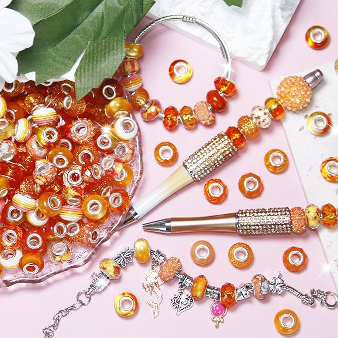 60Pcs Large Hole Beads Spacer Beads Orange Assorted European Craft Big Beads Large Hole Lampwork Murano Bead Fairy Wand Garden Bead for DIY Charm Bracelet Necklace Jewelry Making Decoration Supplies