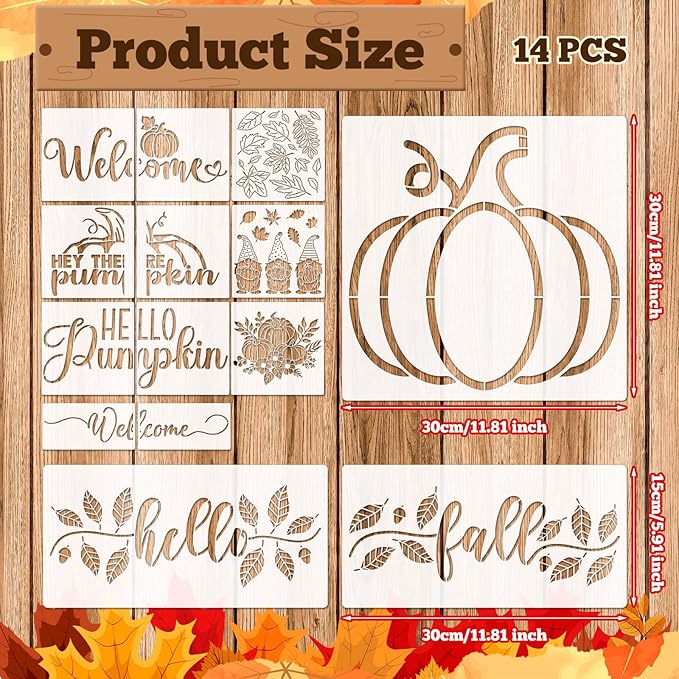 14 Pieces Fall Pumpkin Stencils for Doormat Painting Hello Pumpkin Welcome Maple Leaf Word Stencils Kit for Craft Thanksgiving Reusable Polyester Film Template with Open Ring for DIY Decor