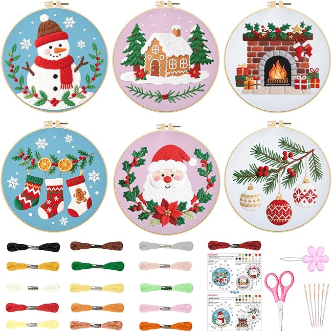 ORIGACH 6 Pcs Christmas Embroidery Kit for Beginners, Stamped Design Embroidery Starter Kit Includes Cloth, Hoops, Threads & Needles
