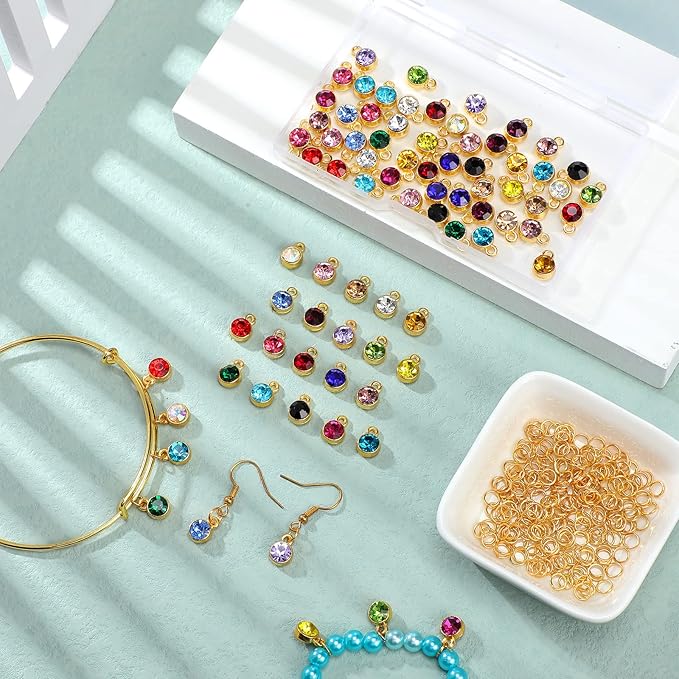 80 Pieces Crystal Birthstone Charms with 200 Jump Ring Handmade DIY Beads Pendant Mixed Color Birthstones for Jewelry Making Round Charms for Bracelets Necklaces Jewelry Findings (Bright Color)