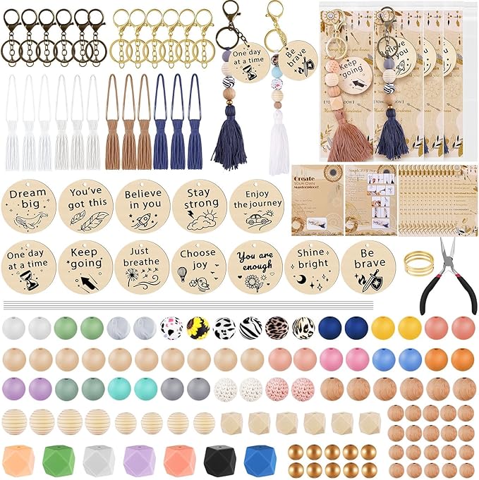 tohongadon 169 pcs silicone beads for keychain making kit, 15mm rubber round beads, hexagon lentil round beads, silicone beads kit with encourage round wood chips for keychains bracelet making