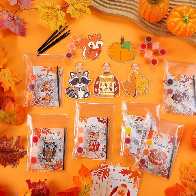 Geelin 24 Sets Fall Thanksgiving Suncatchers Ornaments Decorations DIY Window Paint Art Suncatchers Craft Kits Fall Leaf Pumpkin Sun Catchers for Autumn Harvest Party Classroom Activity Art Project