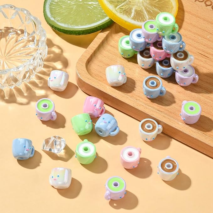 Ipotkitt 30 Pcs Colorful Opaque Acrylic Coffee Cup Beads Drink Tea Milk Mug Beads Cartoon Cute Cup Shaped Beads for Jewelry Making DIY Crafts Supplies