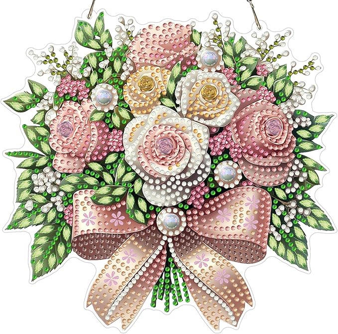 MXJSUA Bouquet of Roses Flowers Diamond Art Hanging Kits for Adults Beginners, DIY Acrylic Special Shaped Crystal Diamond Gem Drills Pendant Art Painting Ornament for Home Wall Decor Gift 8x8 inch