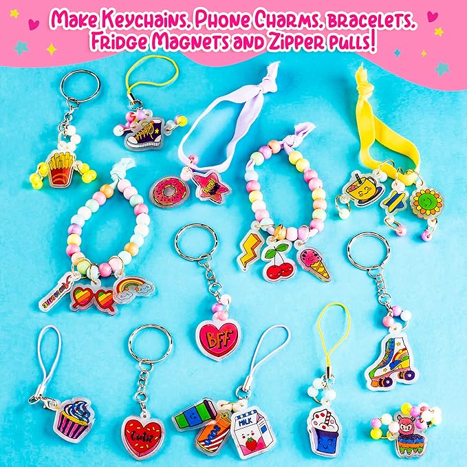 GirlZone Shrink Craft Kit - Pre-Designed Shrink Plastic Sheets & Chalk Pens - DIY Keychain Making Kit & Fridge Magnet Crafts - Screen-Free Kid Art Activity - Ages 8-12, Pre-Designed