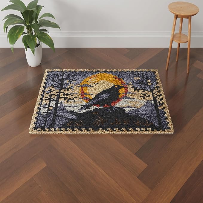 Black Raven Moon Latch Hook Rectangle Rug Kits for Adults Needle Crochet Yarn Embroidery Carpet Hook and Latch Kit Floor Mat Tapestry Christmas Home Decoration 52x38cm(9)