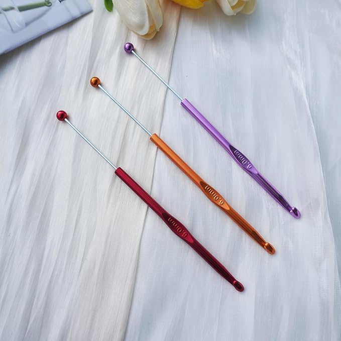 6 Pack DIY Beadable Crochet Hooks Knitting Needles Set Aluminum Handle for Focal Beads Colors (Blue Purple Red Orange Pink Light Blue, 6 mm)