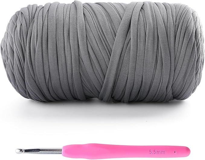 Tshirt Yarn for Crochet - 400 g/130 yds T Shirt Yarn for Crocheting Bags/Baskets/Home Decor - Soft Elastic Fabric T-Shirt Yarn with 1 Crochet Hook (1, Light Grey)