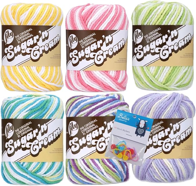 Lily Sugar'n Cream 100% Cotton Yarn 6-Pack Bundle with Bella's Crafts Stitch Markers (Ombre Mix 3)